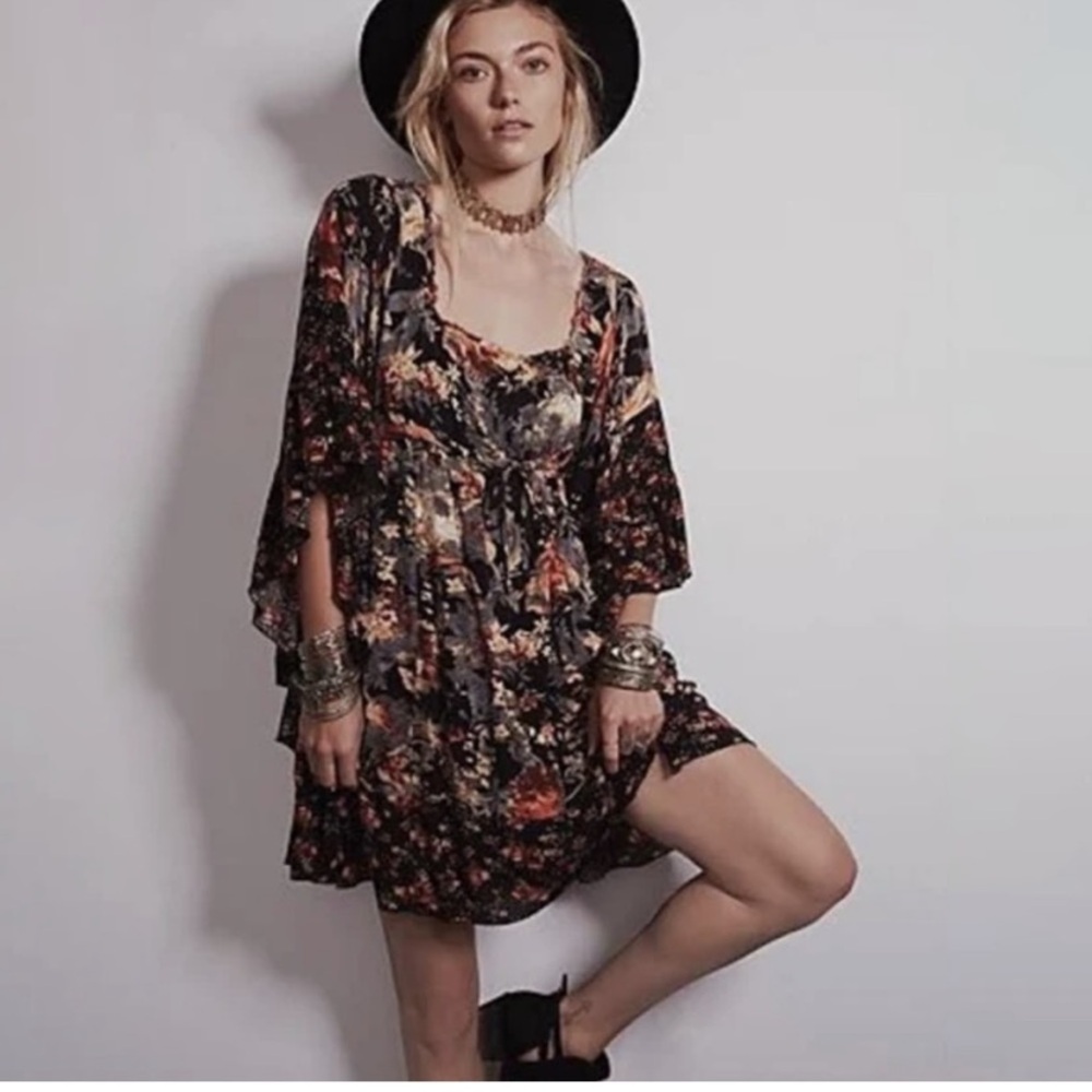 Free People Black Floral Mini Dress with Muted Orange and Cream Accents